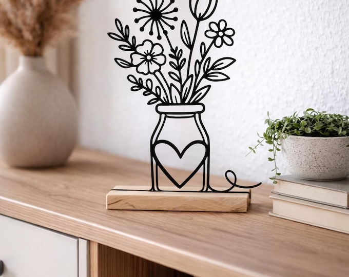 Line Art Blumen Deko schwarz mit Holzsockel