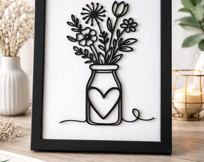 3D Wandbild Blumen Line Art im Bilderrahmen